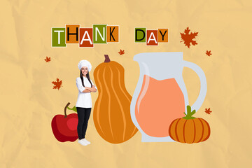 Image poster collage of confident beautiful girl chef preparing holiday dinner thank day isolated...