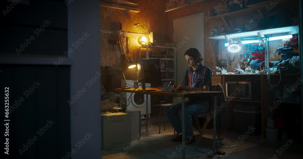 Leinwandbilder wide shot of caucasian male software engineer coding on desktop computer in garage in the evening. m