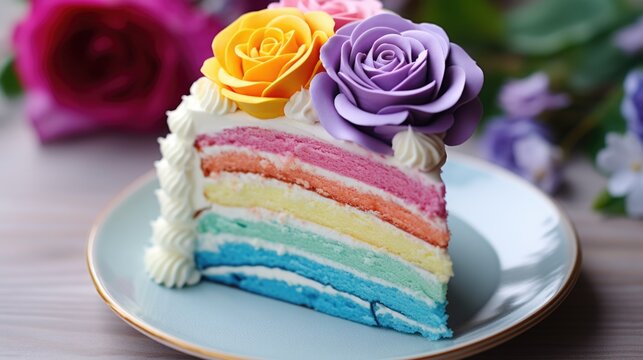 A slice of rainbow cake on a plate. AI image.