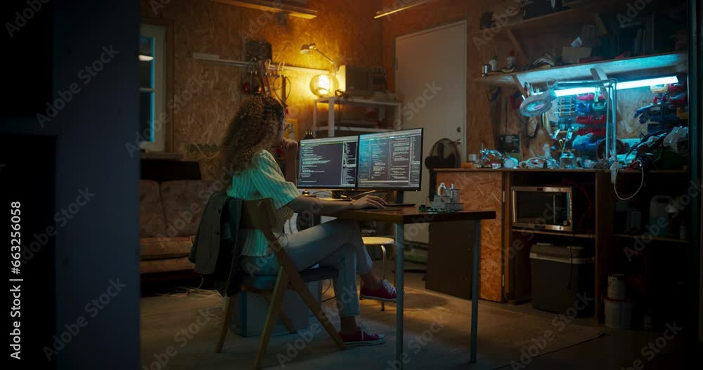 Poster Hispanic Female Programmer Writing Code On Desktop Computer In Garage At Home. Woman Working On Innovative Software As A Service Startup For Business At Night. Digital Entrepreneur Starting Company.
