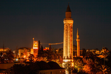 Fototapeta na wymiar Yivli Minaret Mosque (Alaaddin Mosque) is located in the old city center of Antalya's Kaleiçi district.