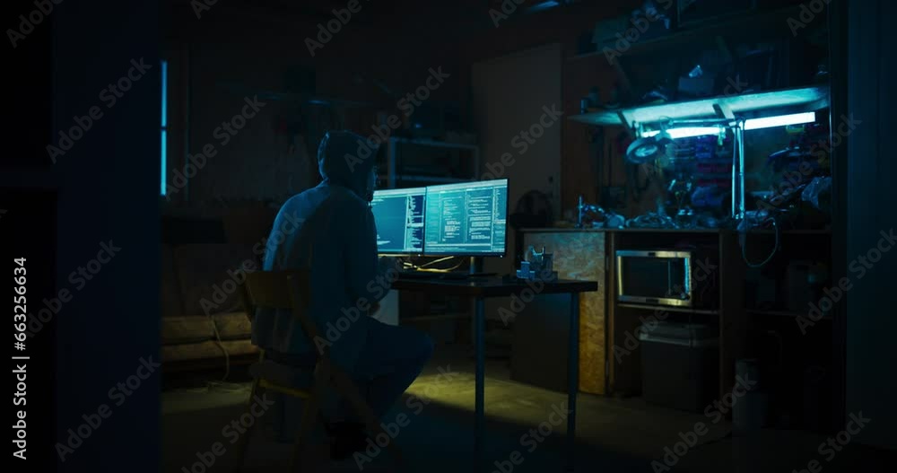 Poster home garage late at night: evil male hacker wearing hoodie breaks into data servers, ddos attack, ph