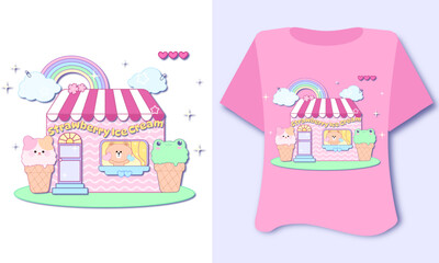 Kawaii sweet animal cute bears on white pink background for t shirt . Inspirational quote card, invitation, banner, lettering, poster. Cartoon character happy  tee preschool dessert cake ice cream 