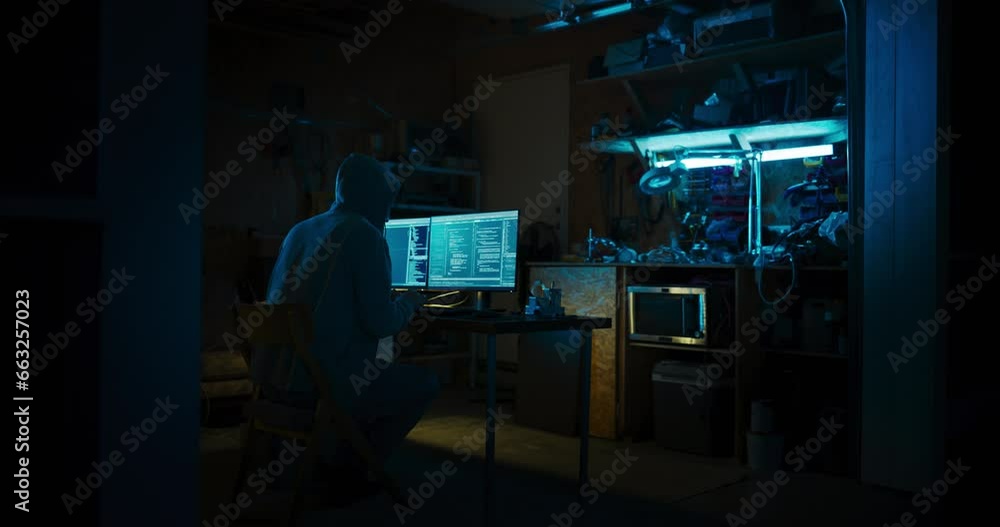 Poster home garage late at night: anonymous male hacker wearing hoodie breaks into data servers, ddos attac