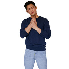 close up young asian man frowning on face after feeling pain from sore throat symptom or thyroid...