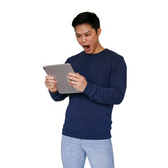 close up asian man with startled emotion during use application for read news on website on digital...