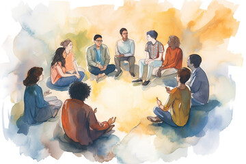 a person sitting in a circle with a diverse group of individuals, engaged in a supportive discussion - obrazy, fototapety, plakaty