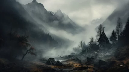 Gordijnen Moody Nature / autumn, scarry and foggy mountains © Emil