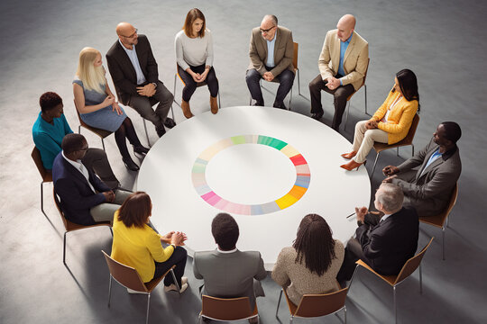 a person sitting in a circle with a diverse group of individuals, engaged in a supportive discussion