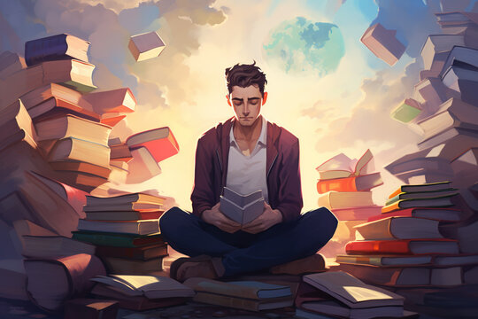 A person is seen alone, deep in thought, surrounded by various self-help books.