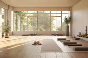 A yoga studio with large windows, allowing gentle sunlight to fill the room, and mats arranged neatly - obrazy, fototapety, plakaty
