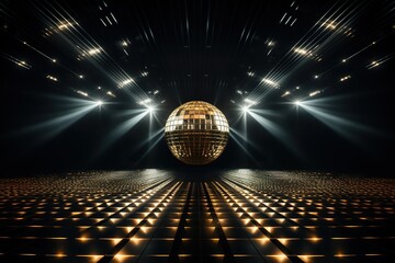 Golden disco ball in a dark empty room. Reflections of light on a disco ball