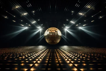 Poster Golden disco ball in a dark empty room. Reflections of light on a disco ball © Vovmar
