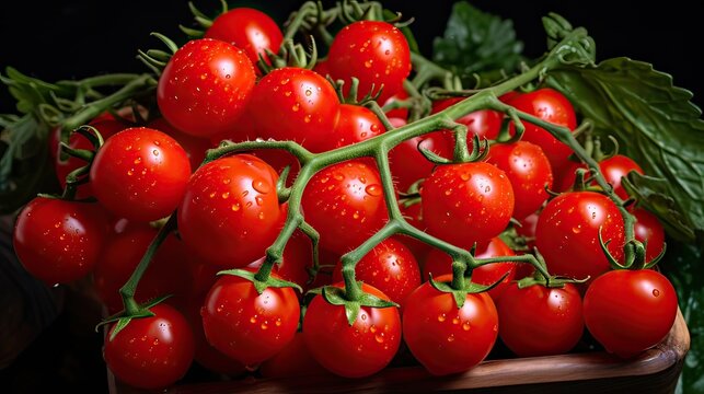 Food, tomatoes, close-up, cluster, sweet, baby cherry, garden-fresh delight, petite tomatoes, burst of natural sweetness, hint of garden magic, recipes. Generated by AI