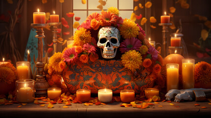 A lively Día de los Muertos tableau featuring a detailed sugar skull centerpiece surrounded by flickering candles and marigold garlands, 3D rendered illustration, a tribute to the Day of the Dead trad