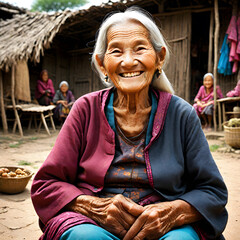 old woman in the village background