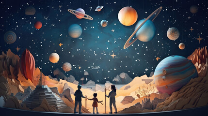 Engaged kids visiting a planetarium exploring the wonders of the universe made in paper cut craft