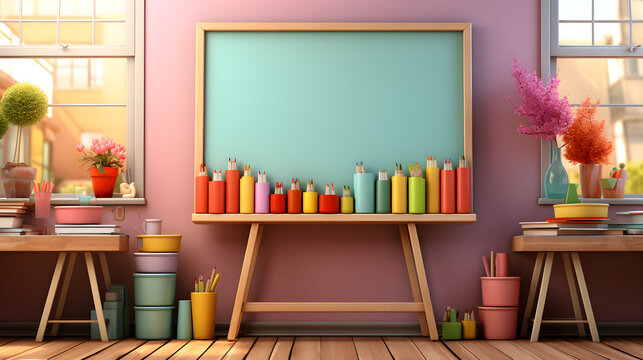 Back to school concept. Cartoon style home children's classroom with blackboard stationery.