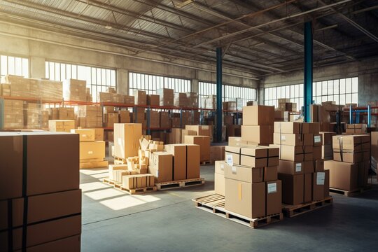 Spacious warehouse storing cardboard boxes. Generative AI