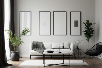 Minimalist living room decor with empty frames and a modern table. Generative AI