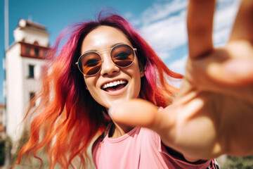 Generative AI illustration of From below of happy young woman in trendy outfit and sunglasses. She is smiling and looking at camera while taking selfie on sunny day