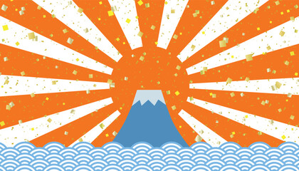 富士山 初日の出 青海波に金箔と紙吹雪のバナー 背景/朱・背景透過