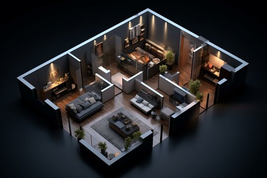 Top-view layout | Residential apartment interior isolated on dark grey | 3D render isometric view. Generative AI