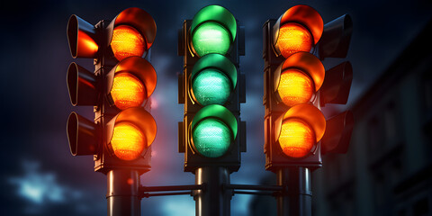 traffic light on vibrant, Traffic Signal Background, Heavy Traffic Lights with Blurred Defocused Beams on a Wet Rainy, generative ai