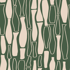 Seamless pattern with vases, abstract various doodle shapes and lines. Minimalist Vector illustration
