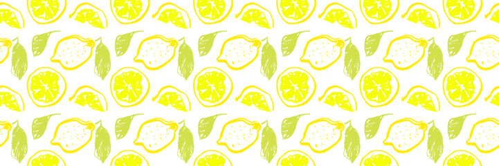 Vector lemon seamless pattern. Citrus fruit wallpaper on white background in hand drawn style. Yellow lemon plant illustrations for cosmetic label backdrop, organic jam badge, juice packaging design.