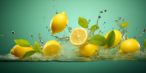 Lemon fruits in water splash flow Illustration of juicy product with lemon slices Generative AI

