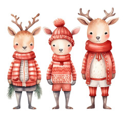 watercolor cute christmas costume reindeer family.