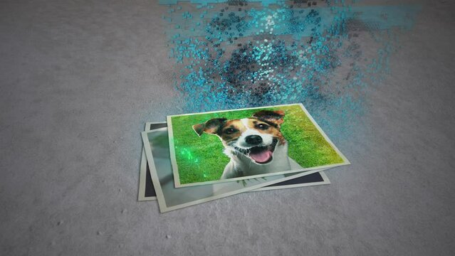 Animation of Old Photos being Digitized. Digital photos. Hologram Images. Upload. Scan. Dog. Pets.