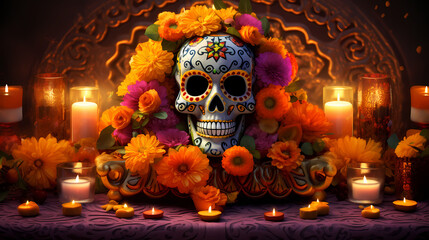 A lively Día de los Muertos tableau featuring a detailed sugar skull centerpiece surrounded by flickering candles and marigold garlands, 3D rendered illustration, a tribute to the Day of the Dead trad