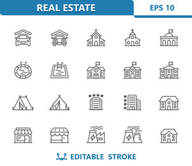 Buildings Icons. Real Estate, Garage, Church, School, Pool, Tent, Hotel, House, Shop, Factory - obrazy, fototapety, plakaty