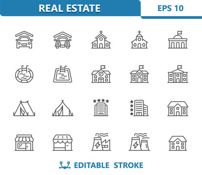 Buildings Icons. Real Estate, Garage, Church, School, Pool, Tent, Hotel, House, Shop, Factory