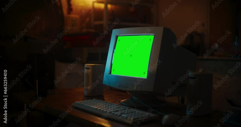 Aufkleber empty workplace of internet enthusiast: old desktop computer with green screen chromakey on display 