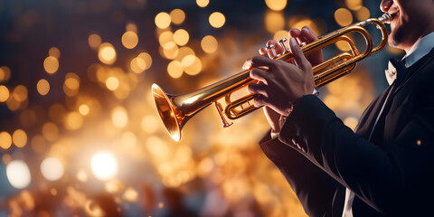 Blowing Trumpet, Gold Trumpet In Night ,trumpet players during an outdoor exhibition, Generative Ai  - obrazy, fototapety, plakaty