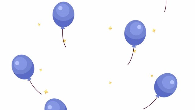 Flying up blue balloons with sparkling stars 2D objects animation. Boy birthday celebrating flat cartoon 4K video, transparent alpha channel. Baby shower animated elements on white background