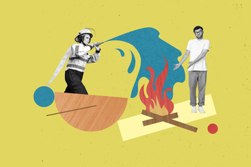 Collage pop retro sketch image of firewoman putting out guilty guy fire isolated yellow color background