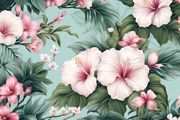 Exotic pattern floral print tropic vintage jungle art summer wallpaper seamless - obrazy, fototapety, plakaty