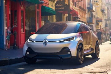 Small Compact Electric Car Navigating City Streets Created with Generative AI