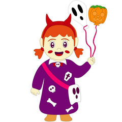 Little girl in halloween costume carrying balloons with halloween ghost character