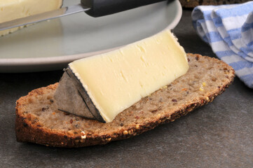 Morceau de tomme de montagne sur une tranche de pain aux graines en gros plan