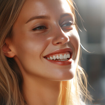 Happy laughing young beautiful woman, positive expressions. Open happy female face with charismatic smile. AI generated. 