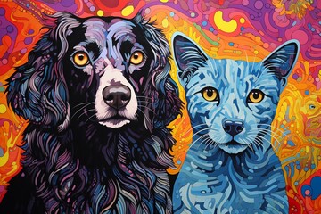 cat and dog against vibrant backdrop. Generative AI