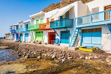 Colorful fishing boat houses in Klima village, Milos island, Cyclades, Greece