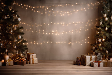 Fototapeta na wymiar Christmas Holiday Background, Christmas table background with decorated Christmas tree and garlands. Beautiful Empty Christmas room. Generative AI