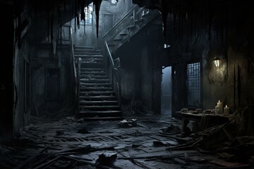 Eerie interior of deserted building, artwork, illustration, abandoned house, spooky, frightening atmosphere. Generative AI