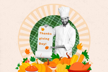 Collage poster image of happy smiling man chef hand showing postcard thanks giving day meal isolated on drawing background